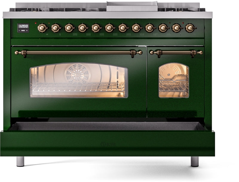 ILVE Nostalgie II 48" Dual Fuel Natural Gas Range in Emerald Green with Bronze Trim, UP48FNMPEGB