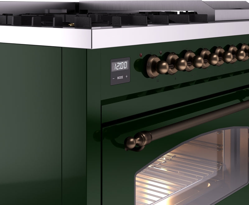 ILVE Nostalgie II 48" Dual Fuel Natural Gas Range in Emerald Green with Bronze Trim, UP48FNMPEGB