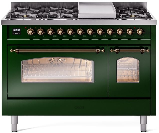 ILVE Nostalgie II 48" Dual Fuel Natural Gas Range in Emerald Green with Bronze Trim, UP48FNMPEGB