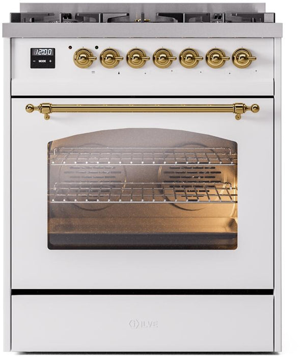 ILVE Nostalgie II 30" Dual Fuel Natural Gas Range in White with Brass Trim, UP30NMPWHG