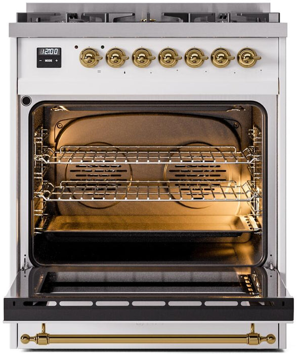 ILVE Nostalgie II 30" Dual Fuel Natural Gas Range in White with Brass Trim, UP30NMPWHG