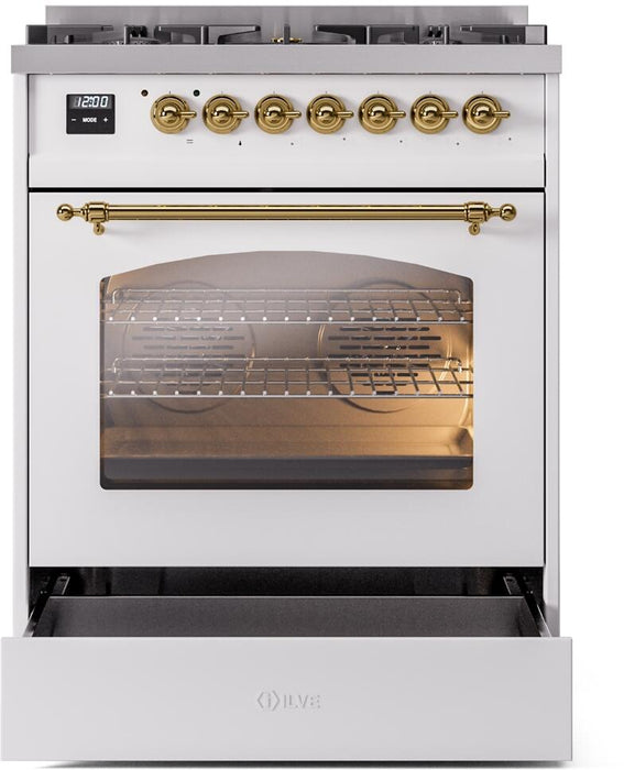 ILVE Nostalgie II 30" Dual Fuel Natural Gas Range in White with Brass Trim, UP30NMPWHG