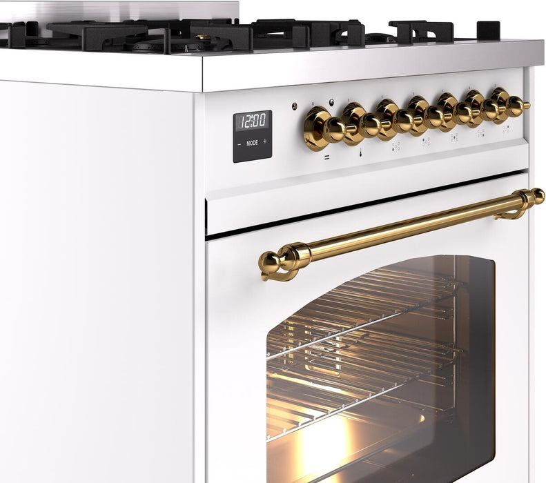 ILVE Nostalgie II 30" Dual Fuel Natural Gas Range in White with Brass Trim, UP30NMPWHG