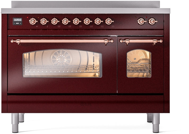 ILVE Nostalgie II 48" Induction Range with Element Stove and Electric Oven in Burgundy with Copper Trim, UPI486NMPBUP