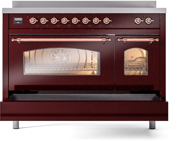 ILVE Nostalgie II 48" Induction Range with Element Stove and Electric Oven in Burgundy with Copper Trim, UPI486NMPBUP