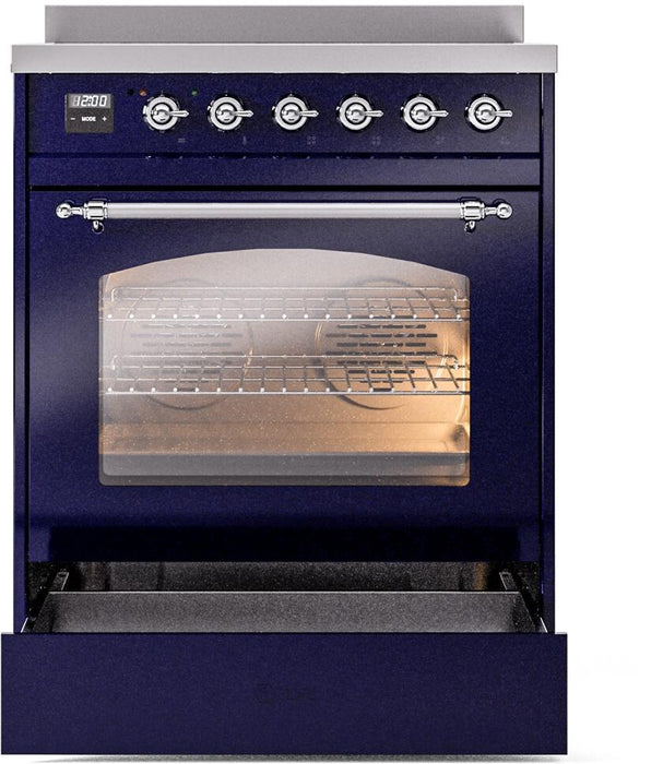 ILVE Nostalgie II 30" Induction Range with Element Stove and Electric Oven in Blue with Chrome Trim, UPI304NMPMBC