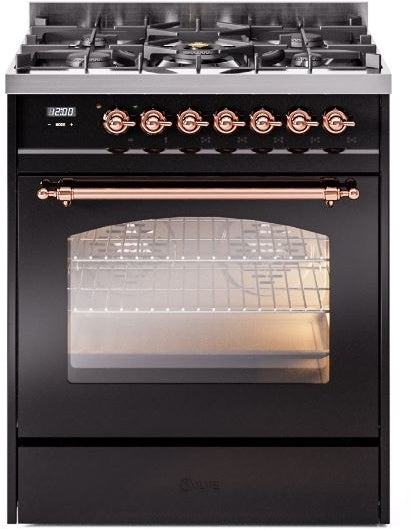 ILVE Nostalgie II 30" Dual Fuel Propane Gas Range in Black with Copper Trim, UP30NMPBKPLP