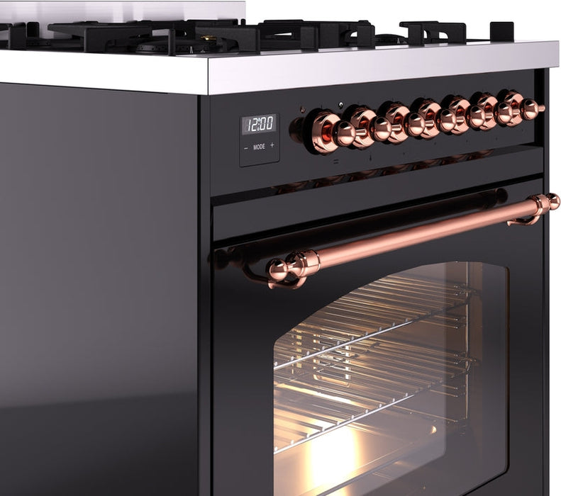 ILVE Nostalgie II 30" Dual Fuel Propane Gas Range in Black with Copper Trim, UP30NMPBKPLP