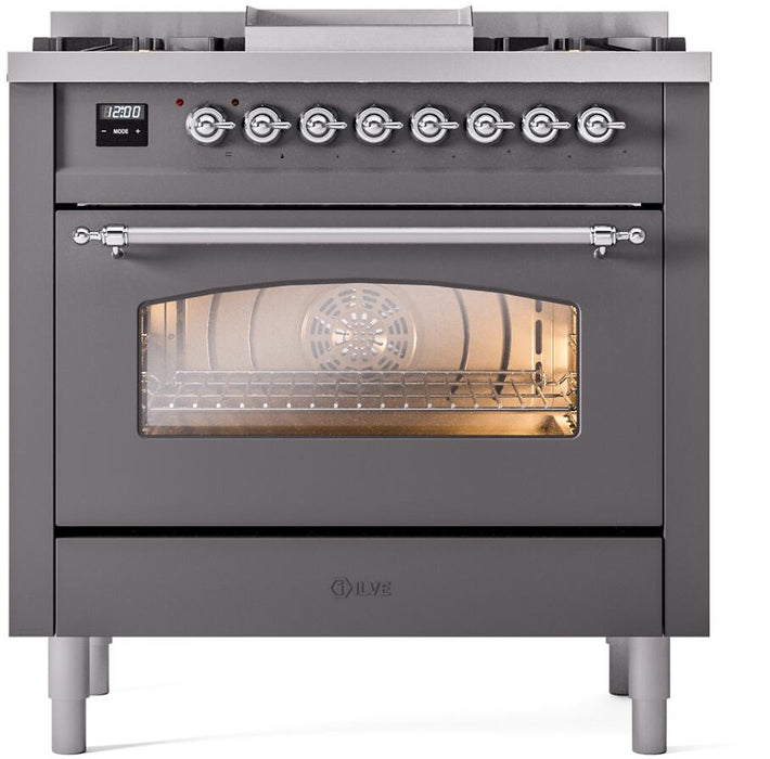 ILVE Nostalgie II 36" Dual Fuel Propane Gas Range in Matte Graphite with Chrome Trim, UP36FNMPMGCLP