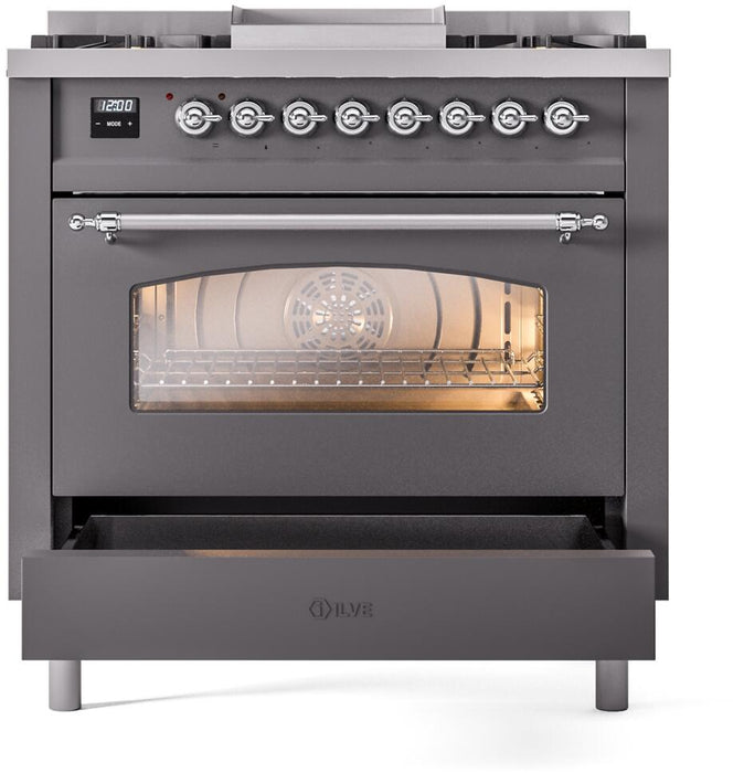 ILVE Nostalgie II 36" Dual Fuel Propane Gas Range in Matte Graphite with Chrome Trim, UP36FNMPMGCLP