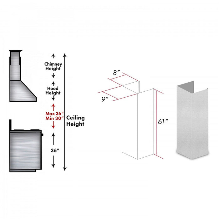 ZLINE 61 in. Snow Finished Stainless Steel Chimney Extension for Ceilings up to 12.5 ft. (8KL3S-E)