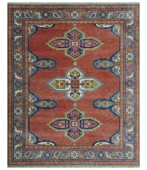 8x10, 9.5x12 and 10x14 Hand Knotted Dark Peach and Silver Traditional Wool Rug