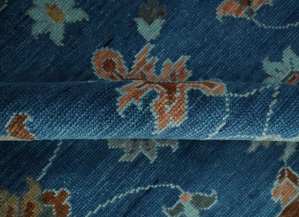 Blue And Brown Hand Knotted Floral Oushak Wool Area Rug