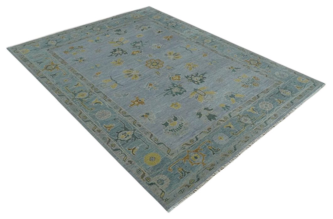 Multi Size Charcoal, Aqua and Silver Hand Knotted Oushak Wool Area Rug