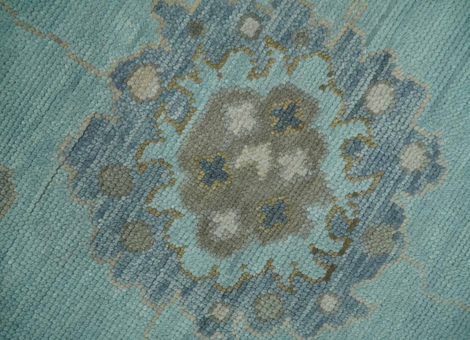 Hand Knotted Aqua, Beige and Ivory Traditional Oushak Wool Rug