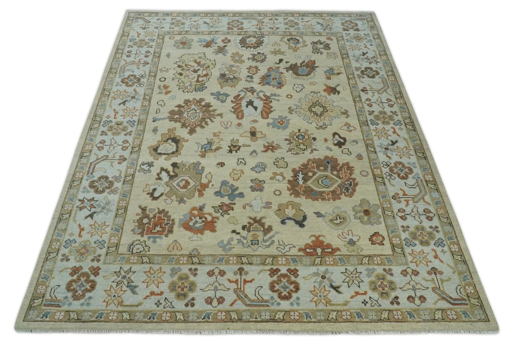 Hand Knotted Beige and Brown Traditional Oushak Wool Area Rug