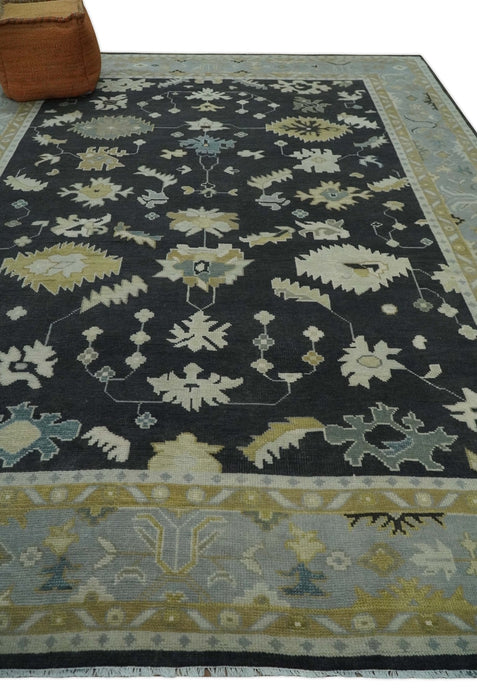 Hand Knotted Black, Beige and Silver Traditional Oushak Wool Rug