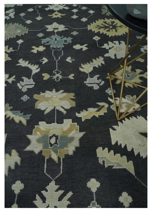 Hand Knotted Black, Beige and Silver Traditional Oushak Wool Rug