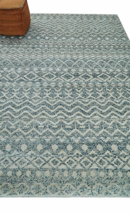 Hand Knotted Blue, Beige and Camel Modern Contemporary Southwestern Tribal Trellis Recycled Silk Area Rug