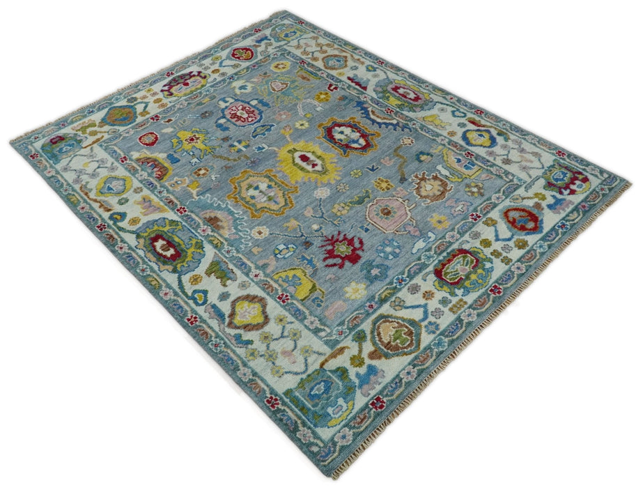 Custom Made Blue and Ivory colorful Hand knotted Oushak wool Area Rug