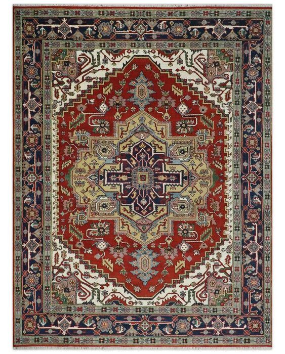 8x10 and 9x12 Hand Knotted Brown, Mustard, Ivory and Blue Traditional Wool Area Rug