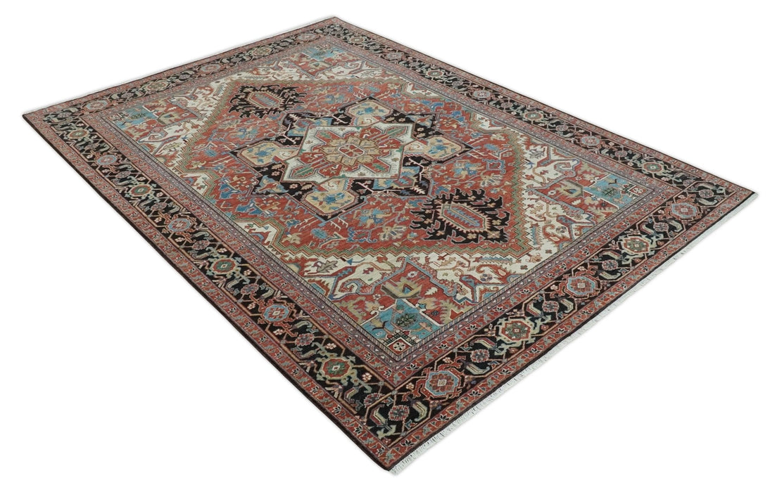 8x10 and 9x12 Hand Knotted Rust, Ivory and Black Traditional Wool Area Rug