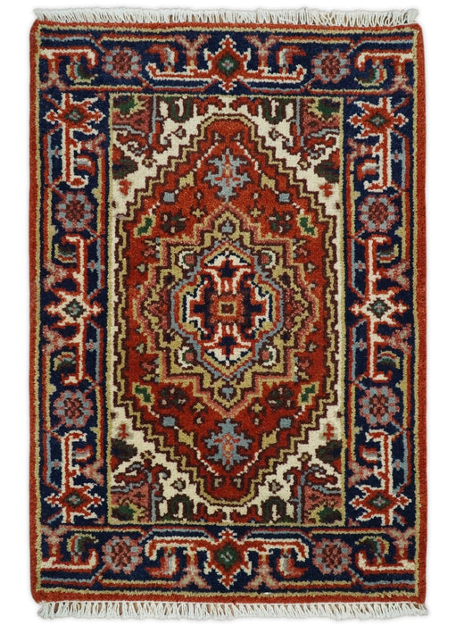 Hand Knotted Brown, Ivory and Blue Traditional Heriz Multi size Hand knotted Wool Area Rug