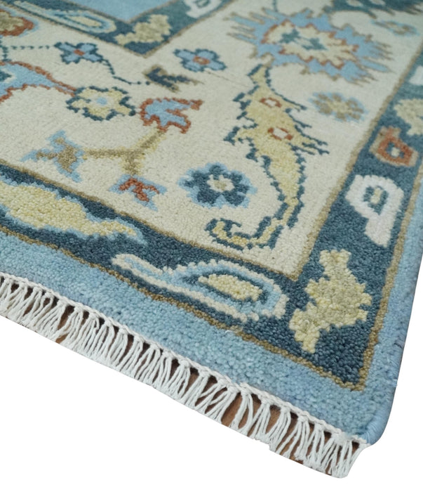 8x10 Aqua and Ivory Vibrant colorful Hand knotted Traditional oushak wool area rug