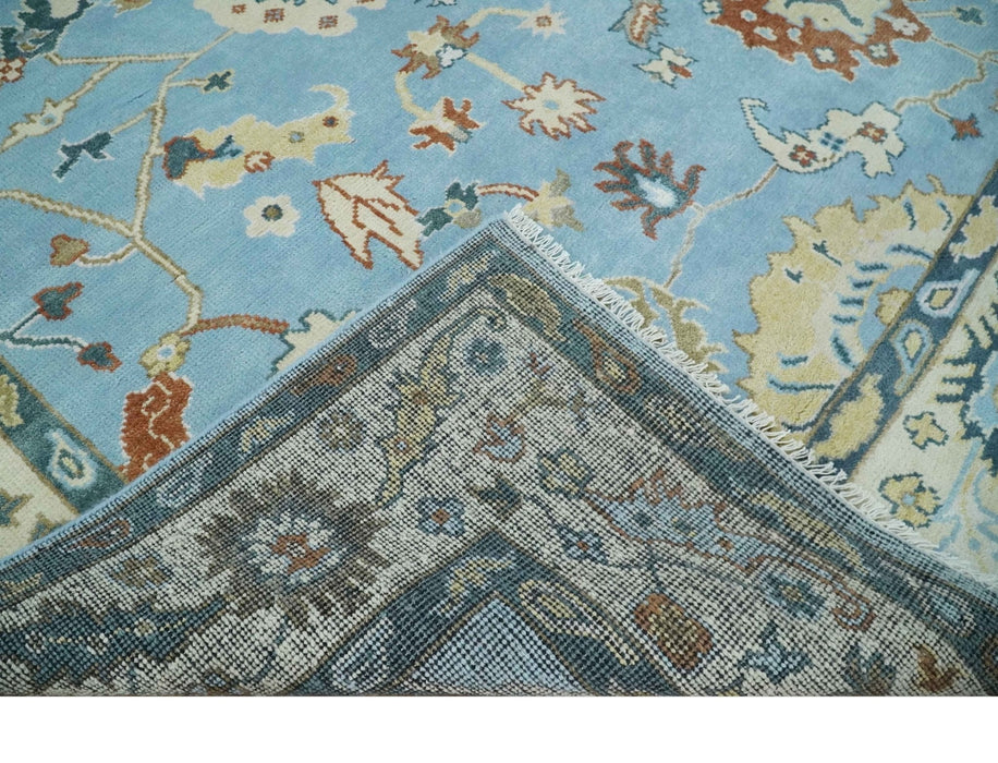 8x10 Aqua and Ivory Vibrant colorful Hand knotted Traditional oushak wool area rug