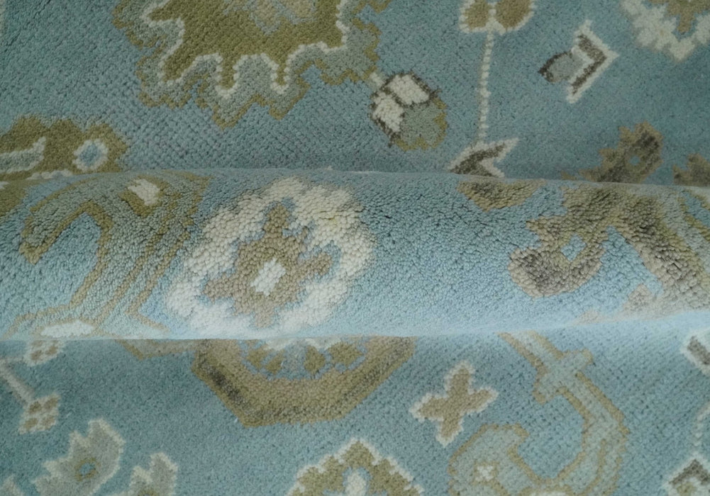 8x10 Aqua, Ivory and Olive Traditional Oushak Hand Knotted Wool Area Rug