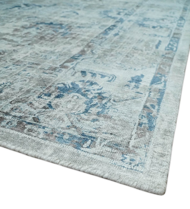 8x10 Aqua, Ivory and Silver Traditional Handmade Wool Area Rug