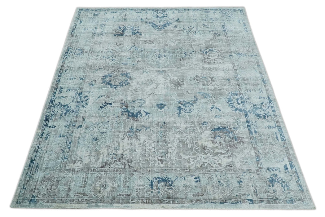 8x10 Aqua, Ivory and Silver Traditional Handmade Wool Area Rug