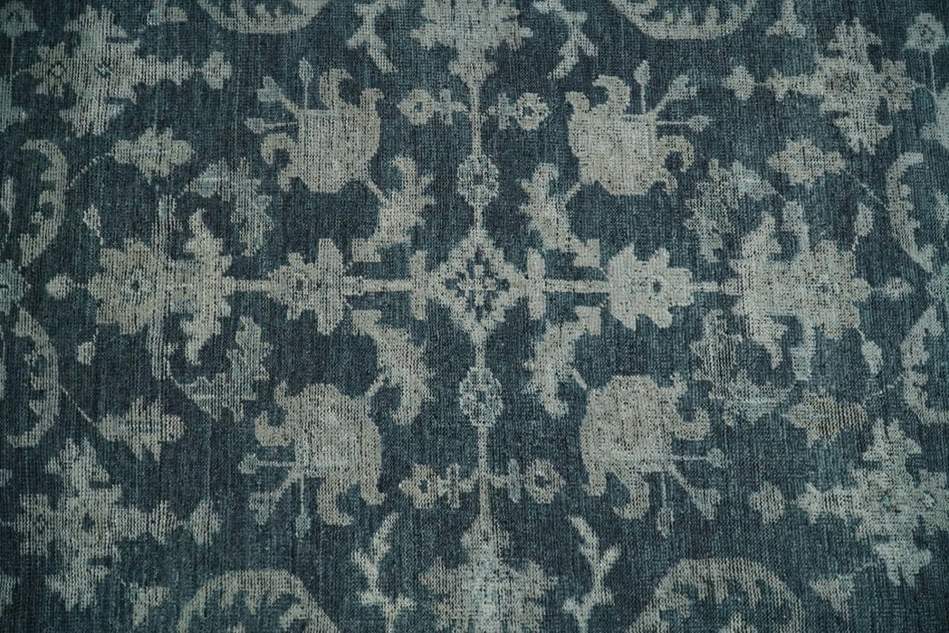 Antique Floral Distressed finished Hand Knotted Dark Teal and Beige Custom Made wool Area Rug
