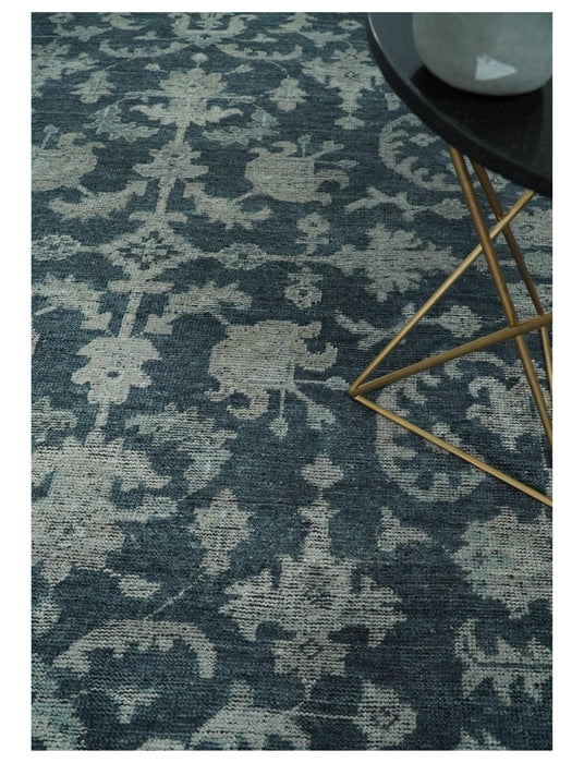 Antique Floral Distressed finished Hand Knotted Dark Teal and Beige Custom Made wool Area Rug