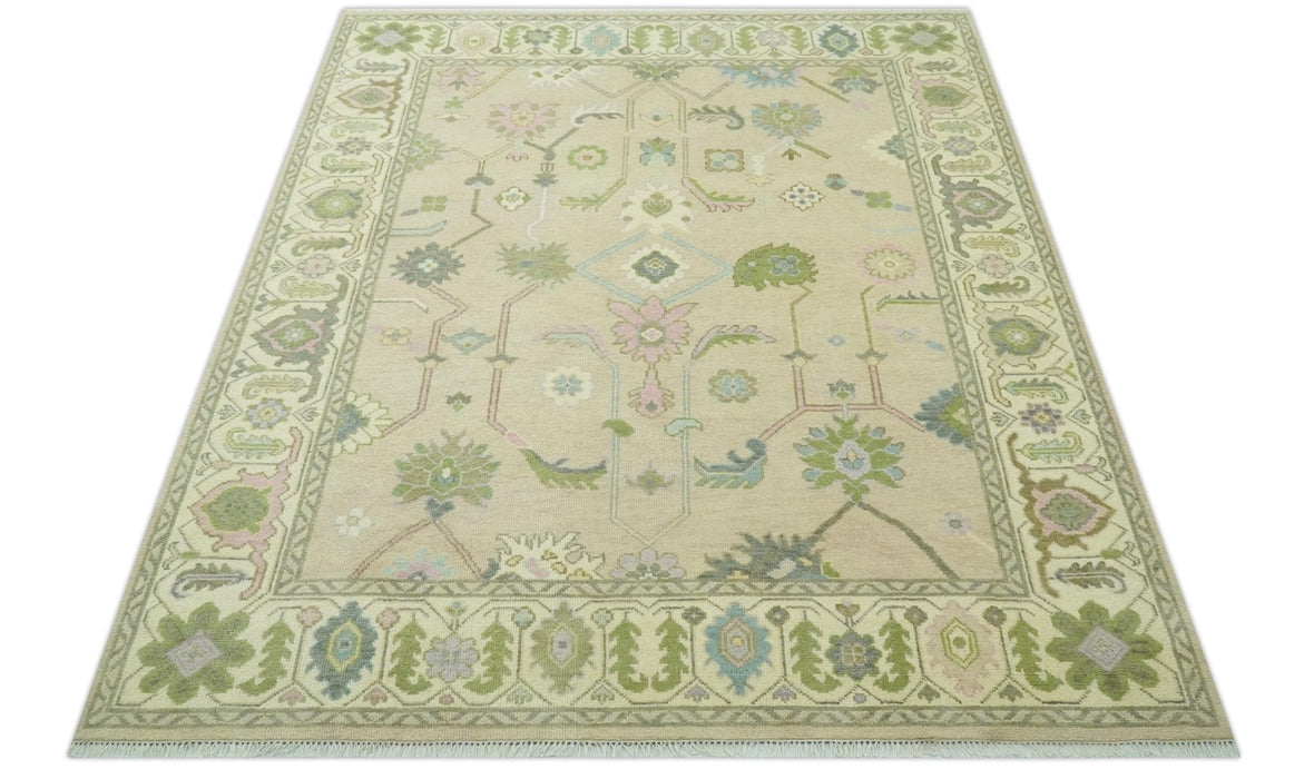 8x10 Beige and Green Hand Knotted Traditional Oriental Oushak wool area rug