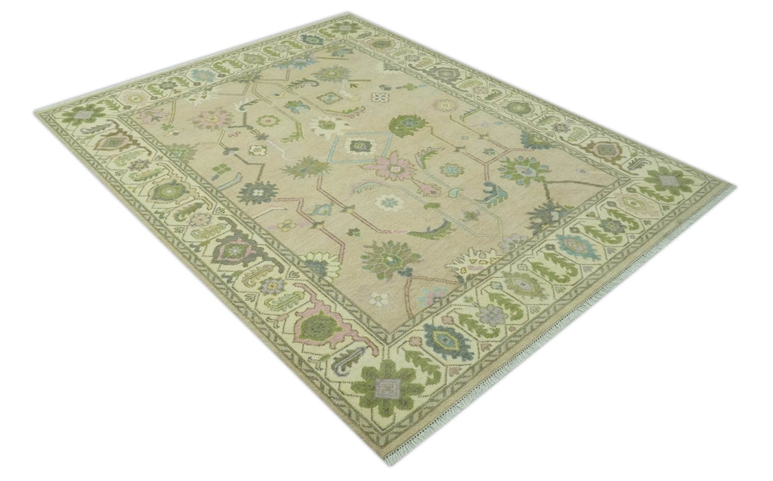 8x10 Beige and Green Hand Knotted Traditional Oriental Oushak wool area rug