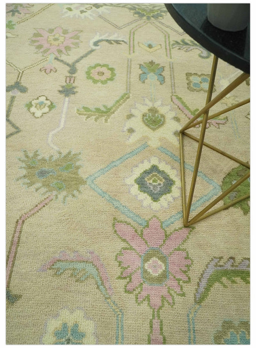 8x10 Beige and Green Hand Knotted Traditional Oriental Oushak wool area rug