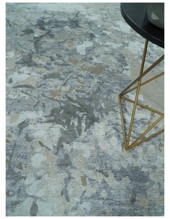 8x10 Beige, Ivory and Charcoal Modern Abstract Handmade Bamboo Silk Area Rug