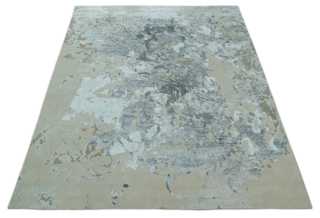 8x10 Beige, Ivory and Charcoal Modern Abstract Handmade Bamboo Silk Area Rug