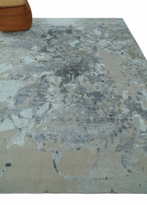 8x10 Beige, Ivory and Charcoal Modern Abstract Handmade Bamboo Silk Area Rug
