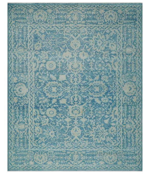 8x10 Blue and Camel Distressed Finish Low Pile Traditional Hand Knotted Wool Rug