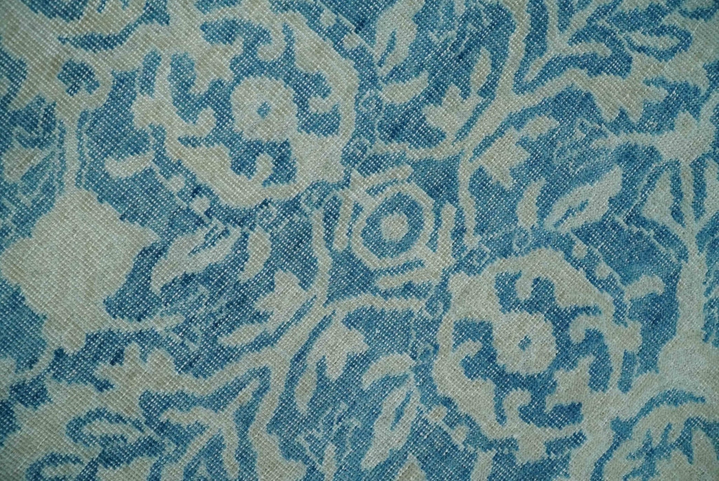 8x10 Blue and Camel Distressed Finish Low Pile Traditional Hand Knotted Wool Rug