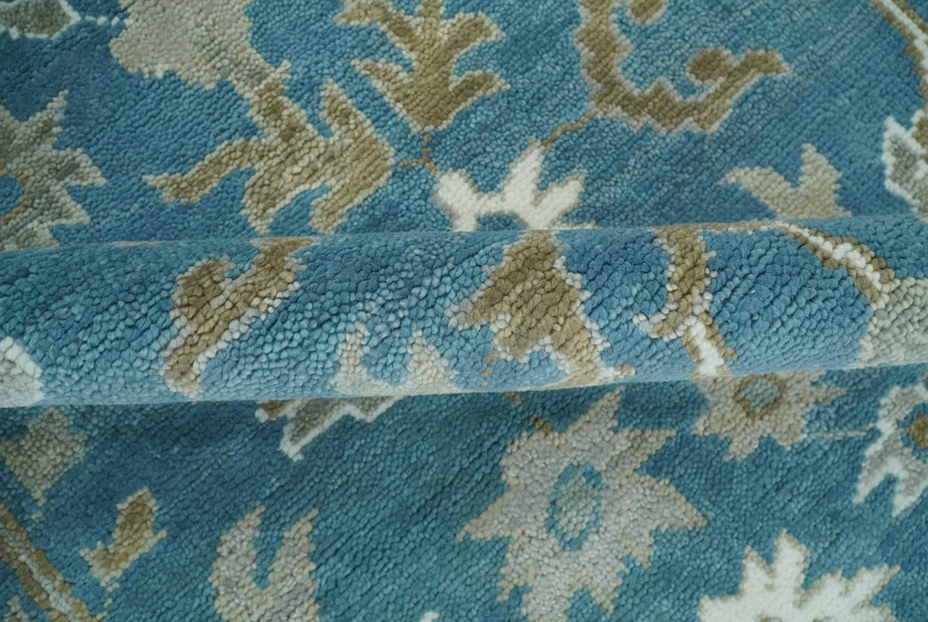 8x10 Blue and Olive Traditional Oushak Wool Rug, Large Patterns
