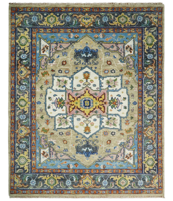 Ivory, Beige, Blue and Charcoal Traditional Heriz Hand Knotted Multi Size wool Area Rug