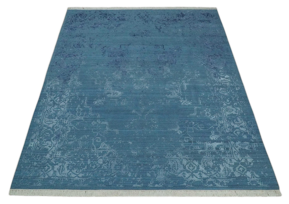 8x10 Blue Gray, Violet and Silver Traditional Handmade Wool and Art Silk Area Rug