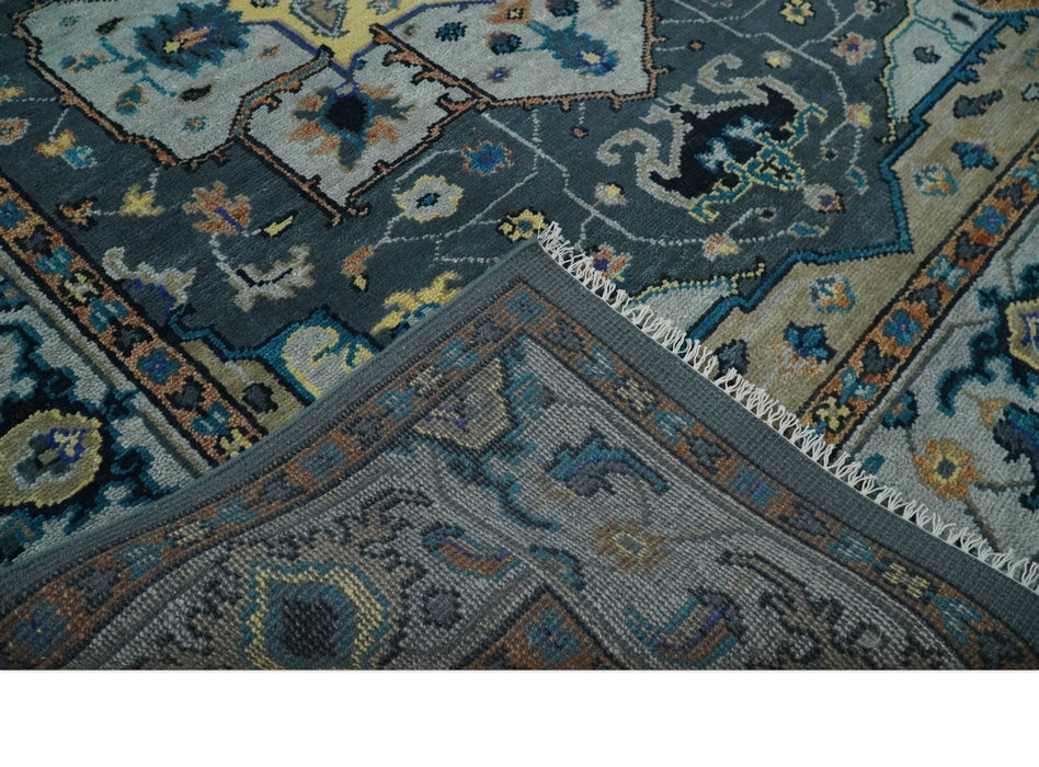 8x10 Blue, Silver and Beige Hand Knotted Traditional Heriz Serapi Wool Area Rug