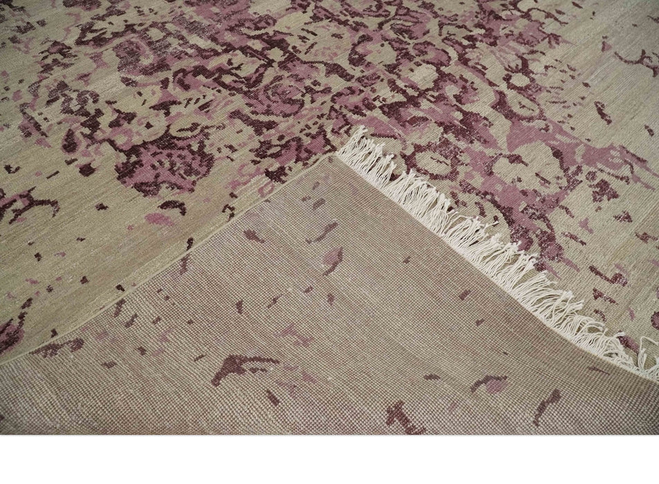 8x10 Camel and Purple Antique Style, Abstract Hand Knotted Low pile Wool Area Rug