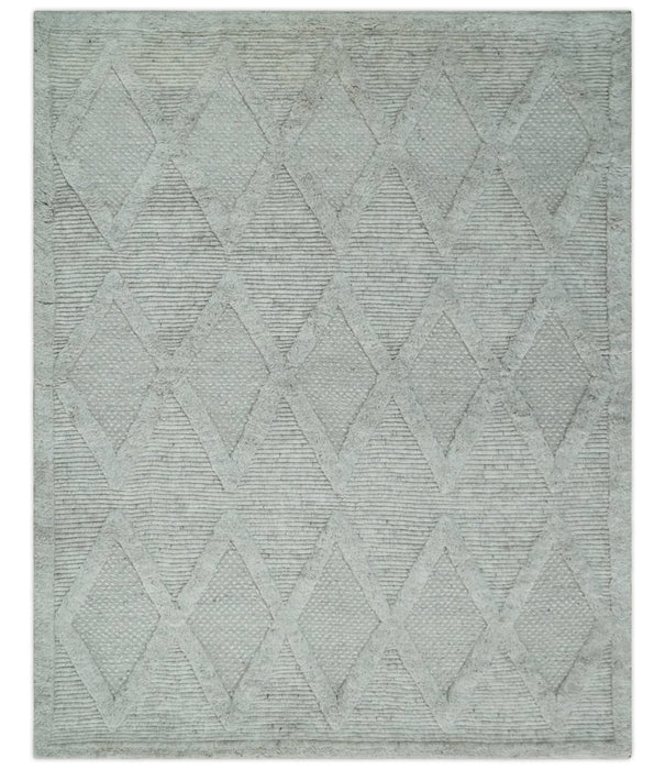 8x10 carved Texture Silver and Charcoal Geometrical hand knotted wool Area rug