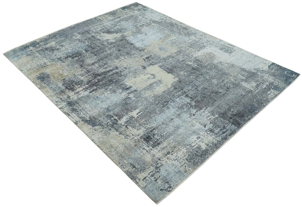 8x10 Charcoal, Beige and Gray Modern Abstract Distressed Finish High Low texture Hand Knotted Rug