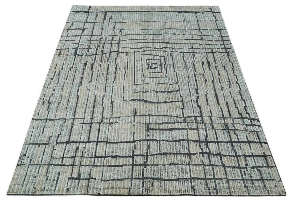 8x10 Contemporary Stripes pattern Beige, Silver and Charcoal Hand knotted wool Area Rug